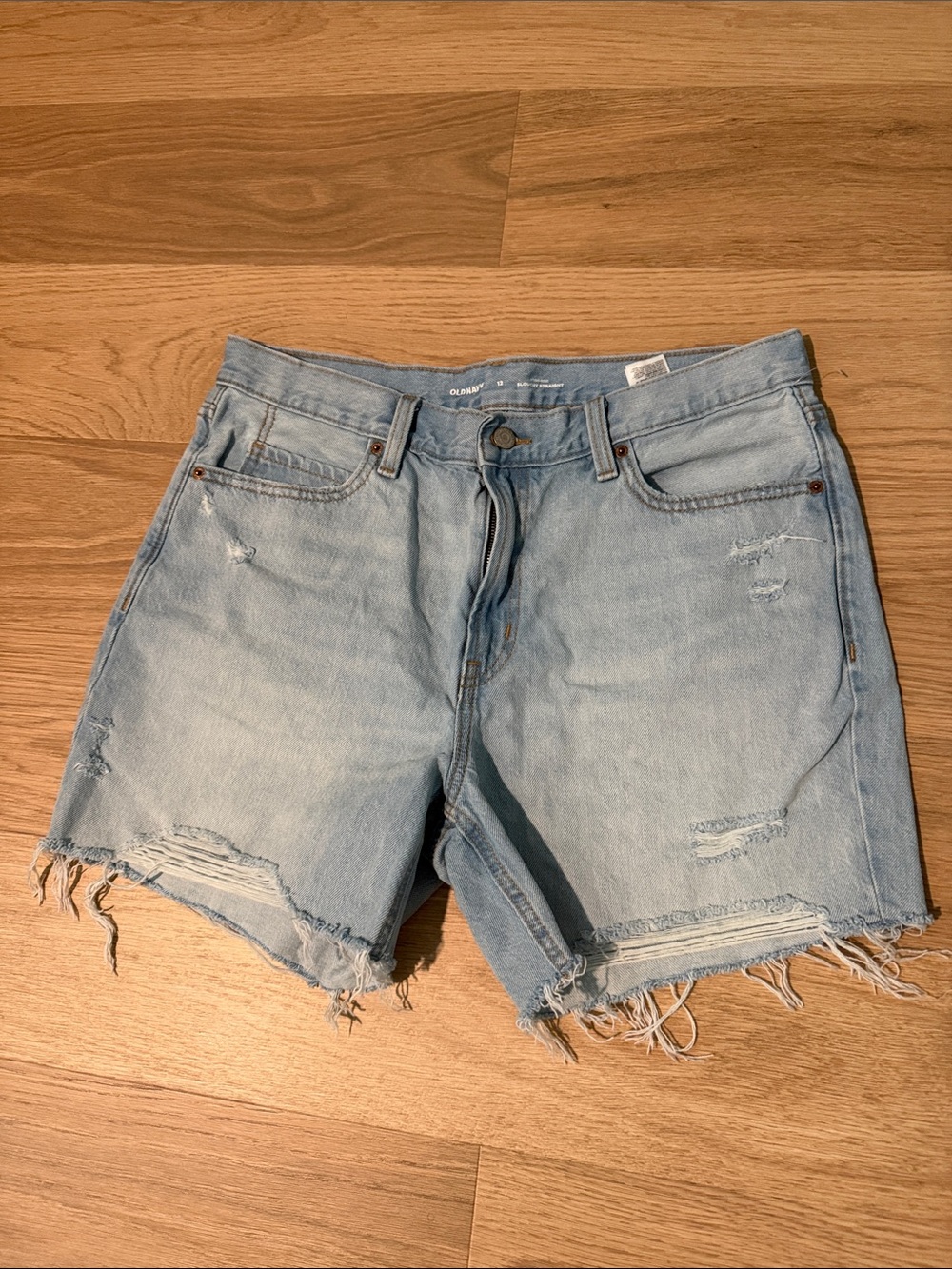 Old Navy High Rise Slouchy Straight Light Blue Distressed Denim Cutoff Shorts